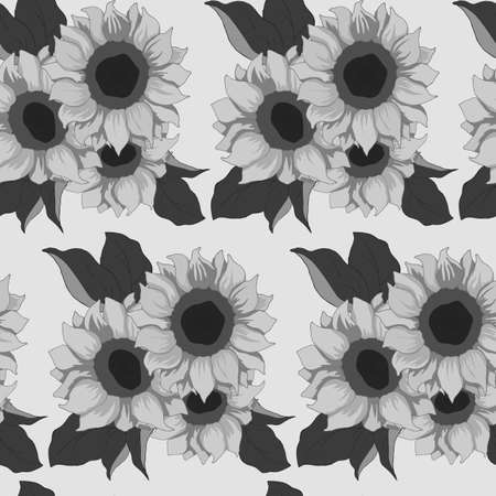 seamless pattern, sunflower and leaves in monochrome colors, ornament for wallpaperのイラスト素材