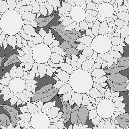 seamless pattern, sunflower and leaves in monochrome colors, ornament for wallpaperのイラスト素材
