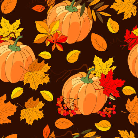 autumn seamless pattern with pumpkin, maple leaves and rowanのイラスト素材