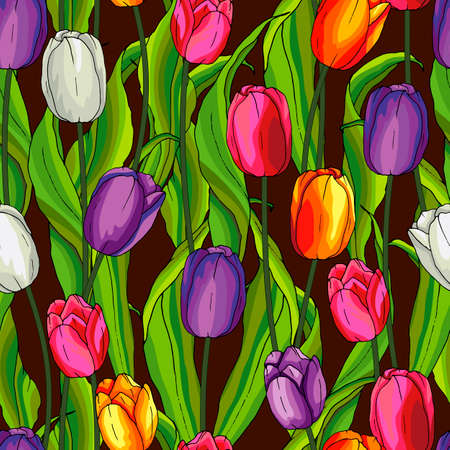 bouquet of tulips and leaves in bright colors, isolate on a white backgroundのイラスト素材