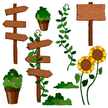 Set of colorful decor elements, wooden message boards, flowers and potsのイラスト素材