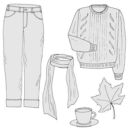 set of autumn clothing elements, pattern in monochrome color, fashion illustrationのイラスト素材