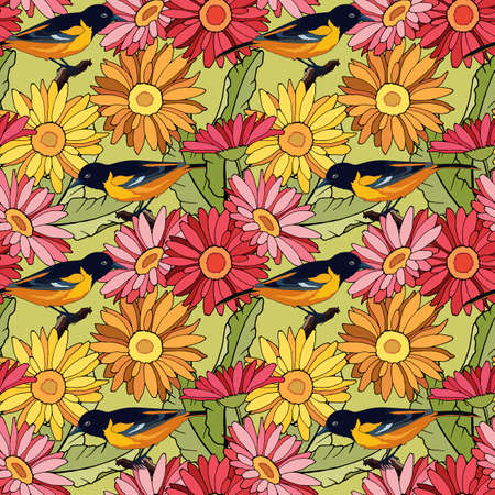 seamless pattern with birds in gerbera flowers, ornament for wallpaper and fabric, wrapping paperのイラスト素材