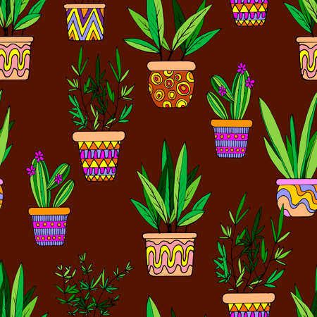 seamless pattern in bright colors, cacti and houseplants in pots, wallpaper ornament, wrapping paper, book designのイラスト素材