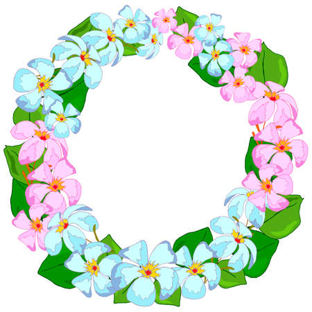 round frame with tropical flowers and leaves, background for greetings, wrapping paper, bright print for clothesのイラスト素材