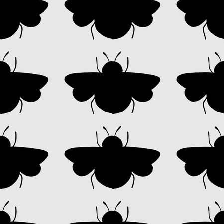 seamless pattern in monochrome colors with silhouettes of insects and bees, wallpaper ornament, wrapping paper, scrapbookingのイラスト素材