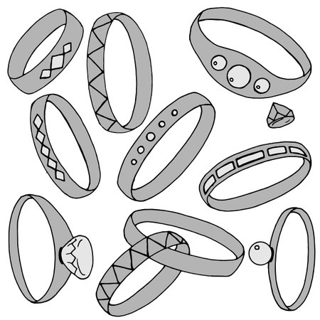 vector illustration, set of jewelry rings in black and white, isolate on a white backgroundのイラスト素材