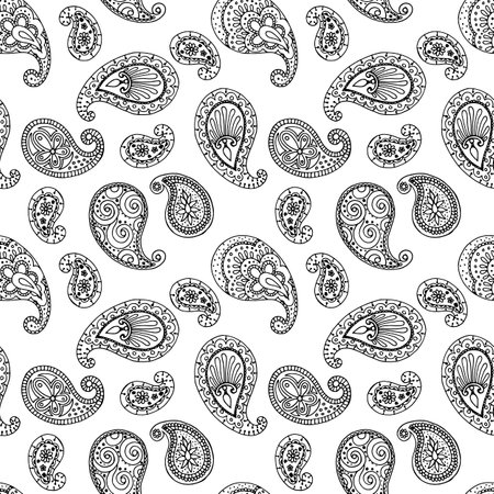 seamless pattern in monochrome colors, Indian wallpaper ornament, ethnic wrapping paperのイラスト素材