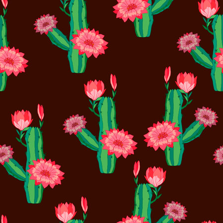 seamless pattern, color pattern of cactus and flowers, vector illustrations, wallpaper ornament, wrapping paper, botanical backgroundのイラスト素材