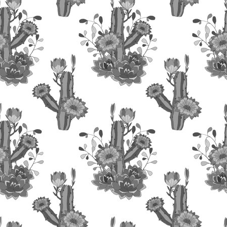 seamless pattern, monochrome gray cactus and flowers pattern, vector illustrations, wallpaper ornament, wrapping paper, botanical backgroundのイラスト素材