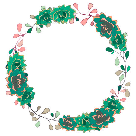 round frame with floral ornament, vector illustration, isolate on a white background, for the design of greetings and cards, branches with leaves and succulentsのイラスト素材