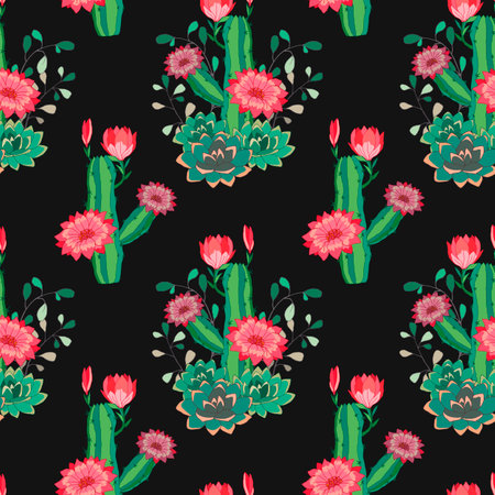 seamless pattern, color pattern of cactus and flowers, vector illustrations, wallpaper ornament,...