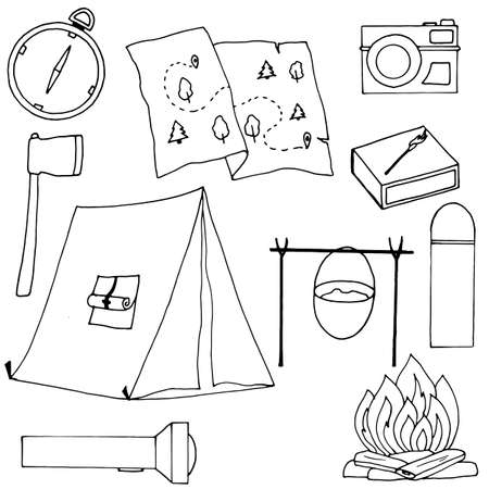 vector illustration, black and white drawing, set of camping elementsのイラスト素材