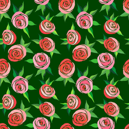 seamless pattern with stylized roses in bright colors, wallpaper ornament, wrapping paper, romantic backgroundのイラスト素材