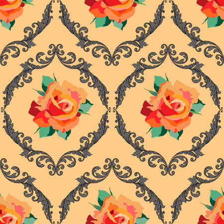 vector illustrations, seamless pattern with flowers elements, damask ornaments, classic background, wallpaper, wrapping paper, scrapbookingのイラスト素材