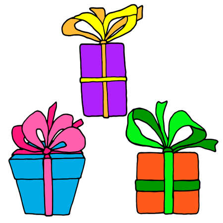 vector illustrations, set of gift drawings in bright color, isolate on a white background, design elements, cartoon styleのイラスト素材