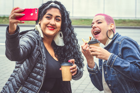 Happy brazilian bright girls take a selfie. Girlfriends have fun outdoors. Friends photographed. Youth lifestyleの写真素材