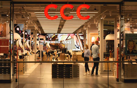POLAND, BYDGOSZCZ - September 18, 2020: Accessories store logo and sign CCC. Shoes and bags. Customer do shoppingのeditorial素材