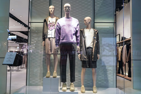 Poland, Bydgoszcz -11 August, 2021: Male mannequins in a shop window. Men's fashion. Showcaseのeditorial素材