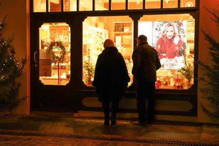 POLAND, BYDGOSZCZ - December 30, 2020: Night city in Christmas decorations. Festive street winter illuminationのeditorial素材