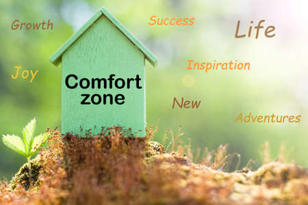 comfort zone. White cubes on glass blue isolated background. Concept of self-developmentの写真素材