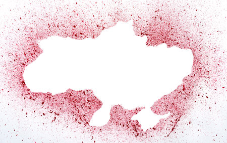 Bloody map of Ukraine. Blue yellow flag in the shape of a heart. War conceptの写真素材