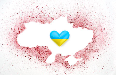 Bloody map of Ukraine. Blue yellow flag in the shape of a heart. War conceptの写真素材