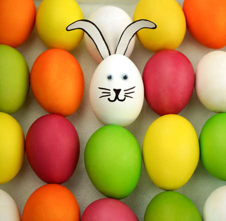 Funny bunny among colorful eggs. holiday card. easter backgroundの写真素材