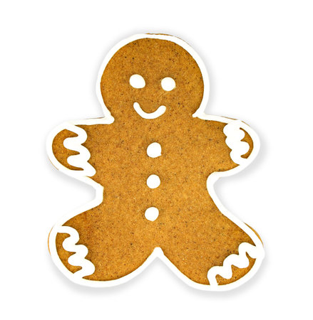 Cute gingerbread man for your design. White icing. Isolated holiday food baking. Merry Christmas and Happy New Yearの写真素材