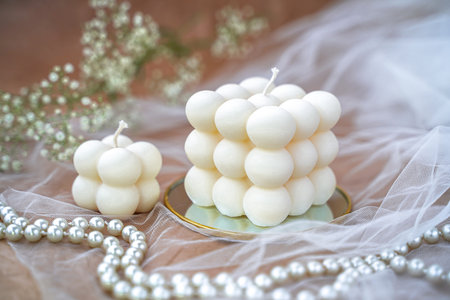 Soy handmade candles. Two natural white bubble candles. Decorの写真素材