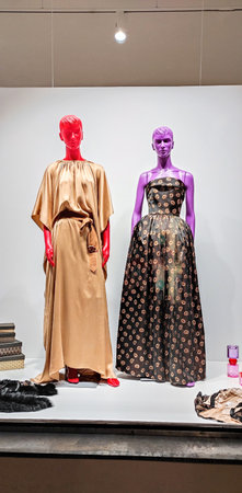 Austria, Vienna - January 9, 2023: JCH fashion store for an Austrian designer Juergen Christian Hoerl. Multi-colored LGBT mannequins in dresses in a shop windowのeditorial素材