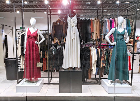 POLAND, BYDGOSZCZ - January 13, 2022: Mannequins in shop window. Women's party long elegant dressesのeditorial素材