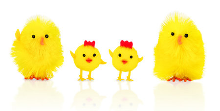 Isolated toy chicken family. Mom children and father. Funny Easter background. relationship conceptの写真素材