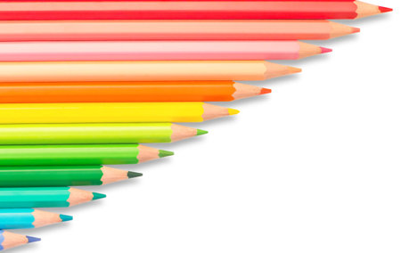 Isolated set of rainbow colored wooden pencils. Multicolored bright background for your text. Creativity conceptの写真素材