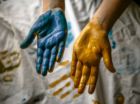 Two hands large in blue and yellow paintの写真素材