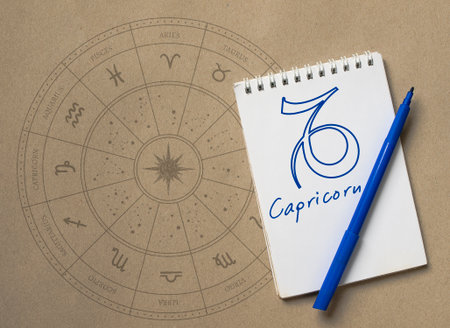 Notepad with pen and drawing of zodiac sign Capricornの写真素材