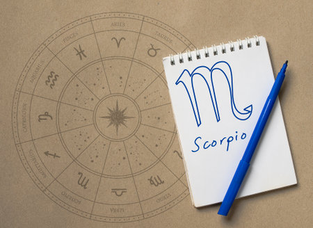 Notepad with pen and drawing of zodiac sign Scorpioの写真素材