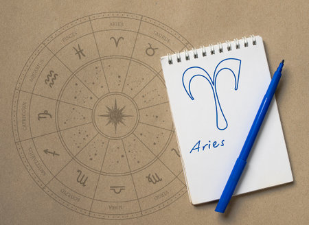 Notepad with pen and drawing of zodiac sign Ariesの写真素材