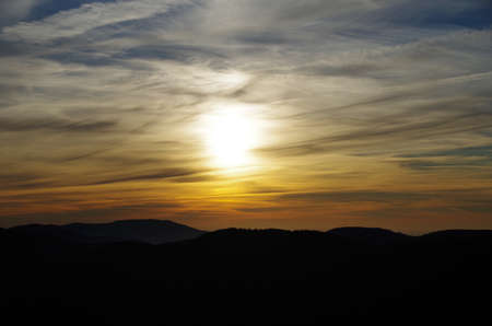 Yellow Sunset on a cold evening in the Black Forest.の写真素材