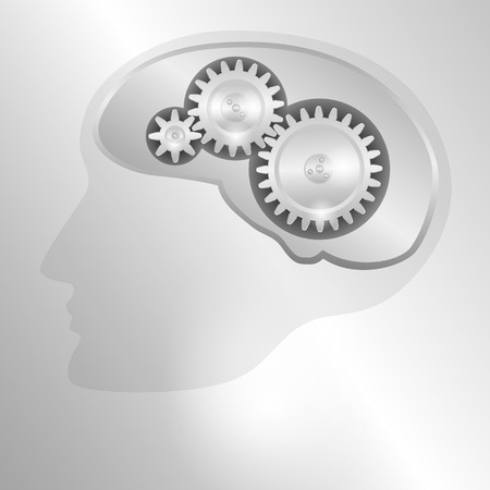 Concept metal background with schematic representation of the human head with a mechanical brain.のイラスト素材
