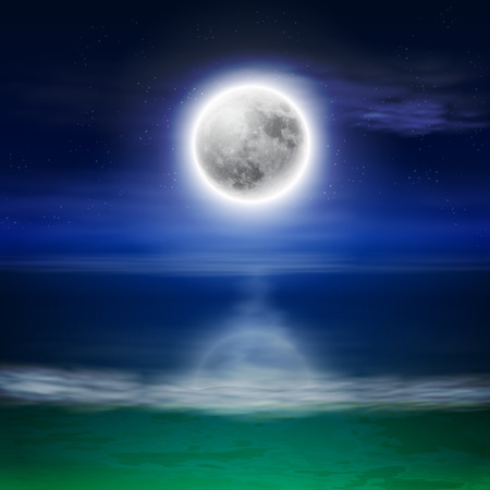 Beach with full moon at night. のイラスト素材