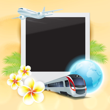Blank photo on sand with airplane, train, globe, flowers and palm leaves. のイラスト素材