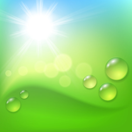 Green abstract background with drop of dew and sun. のイラスト素材