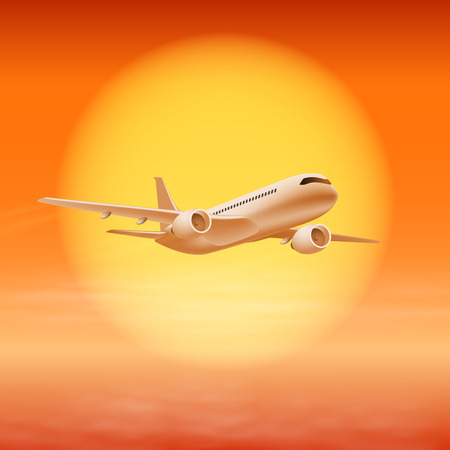 Airplane in the sky with sun in sunset time. のイラスト素材