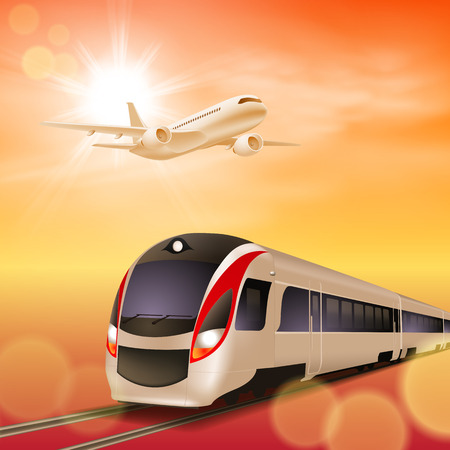 High-speed train and airplane in the sky. Sunset time.のイラスト素材