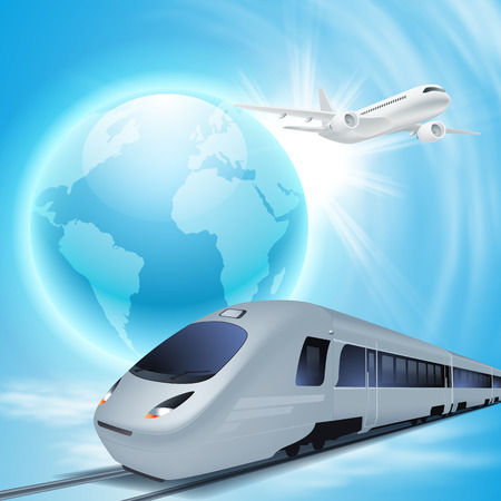 High-speed train and airplane in the sky. Concept travel illustration. のイラスト素材