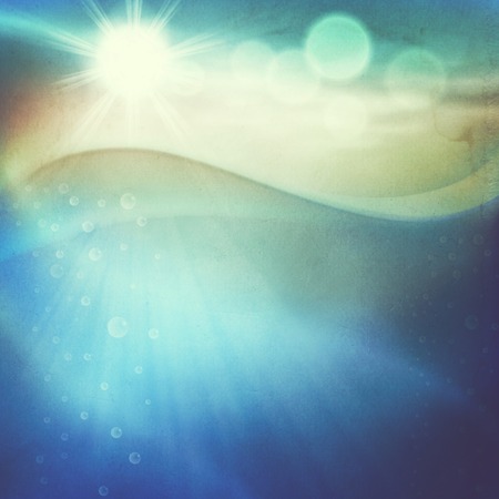 Water wave with bubbles in sunny day. Retro style with old textured paper.の写真素材