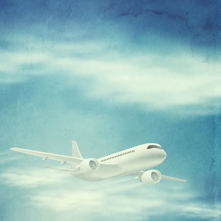 Illustration of airplane in the sky. Retro style with old textured paper.の写真素材