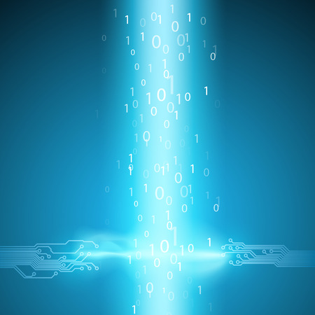 Stream of binary code with a circuit board texture and current arc. のイラスト素材