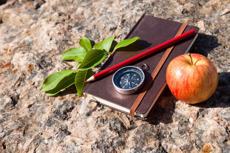 Notebook, compass, apple on old stone backgroundの写真素材